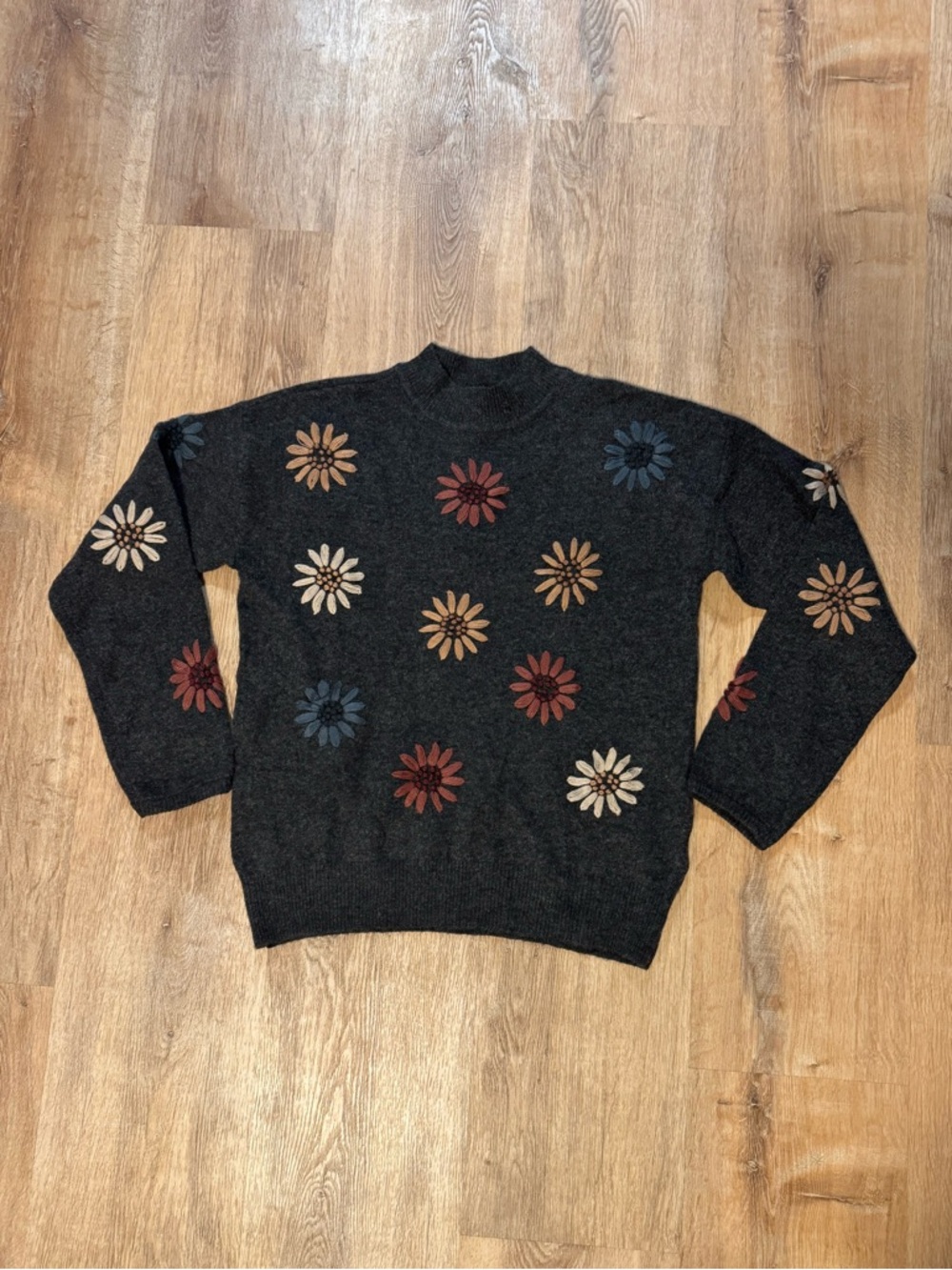 CHARLIE B Charcoal Crewneck Sweater with Multicolor Floral Embroidery - Picture 2 of 11